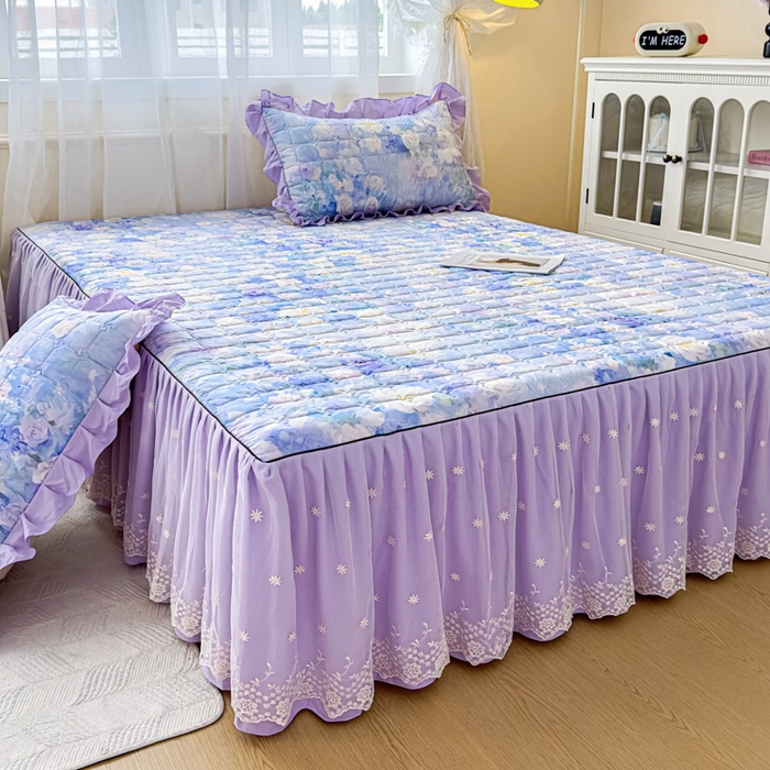 家之硕家纺 2025春夏新款鹿锦棉蕾丝花边夹棉床裙单床裙床裙单件 花香四溢