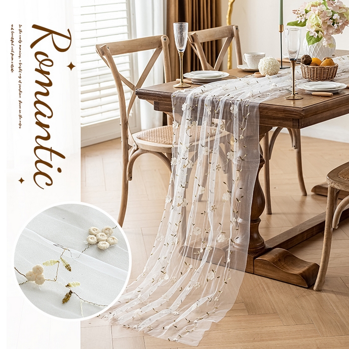 91家纺网 家纺一手货源 找家纺 南通大梧纺织 2025新款网纱绣花法式复古风小野花桌旗 丹桂-白 70x460cm