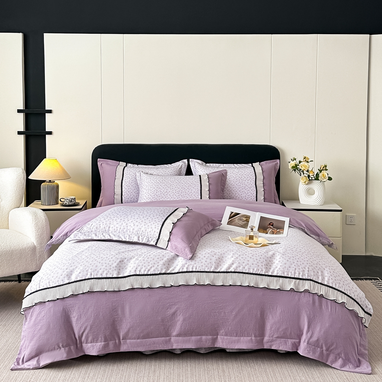 （总）梓之赫 2025新款斜纹棉AB床裙雪纺花边四件套