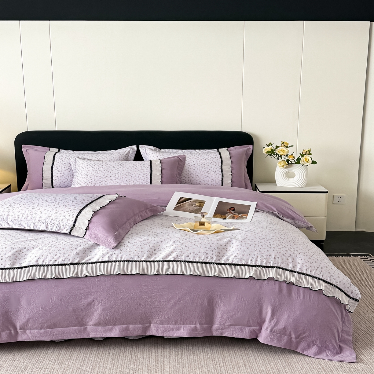 91家纺网 家纺一手货源 找家纺 （总）梓之赫 2025新款斜纹棉AB床裙雪纺花边四件套