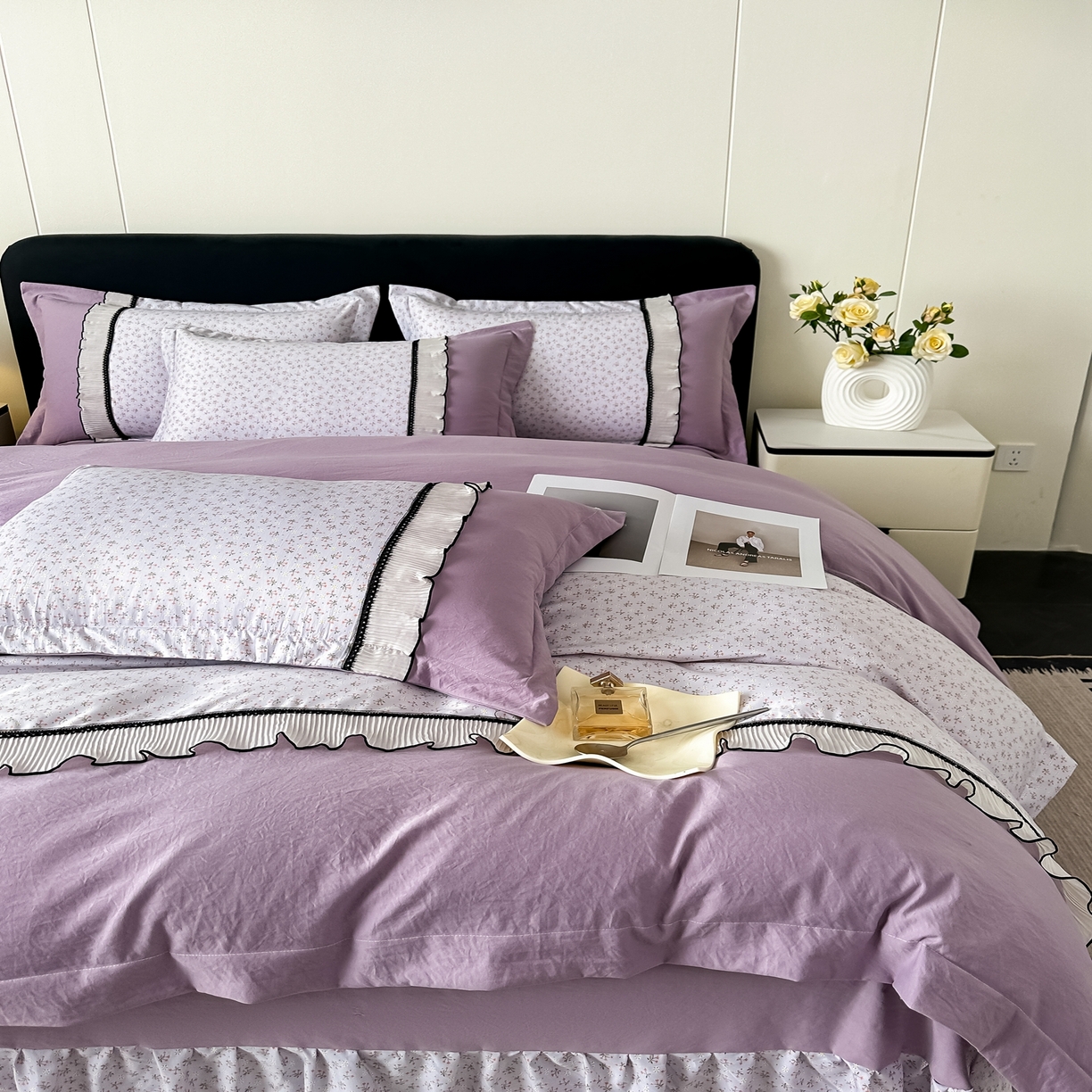 91家纺网 家纺一手货源 找家纺 （总）梓之赫 2025新款斜纹棉AB床裙雪纺花边四件套