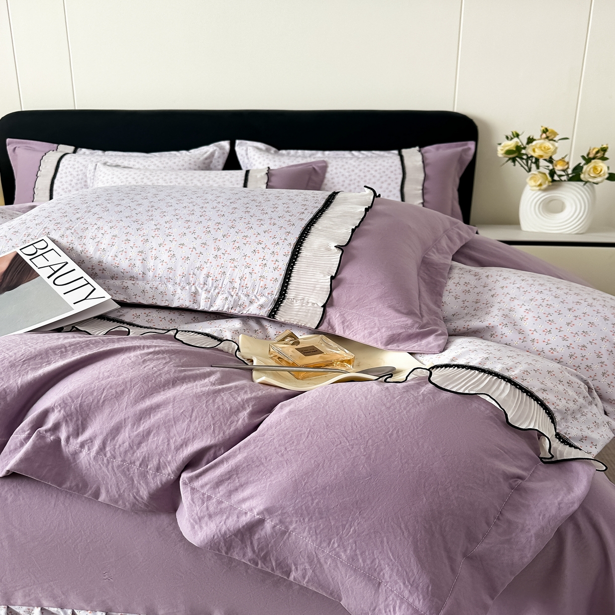 91家纺网 家纺一手货源 找家纺 （总）梓之赫 2025新款斜纹棉AB床裙雪纺花边四件套