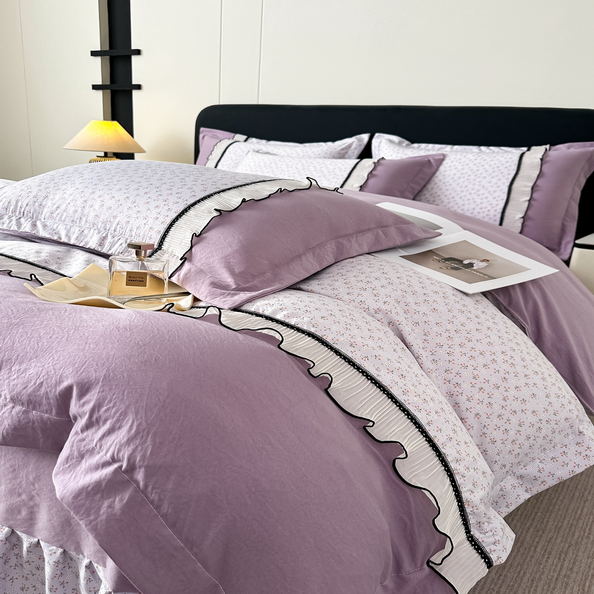 91家纺网 家纺一手货源 找家纺 （总）梓之赫 2025新款斜纹棉AB床裙雪纺花边四件套