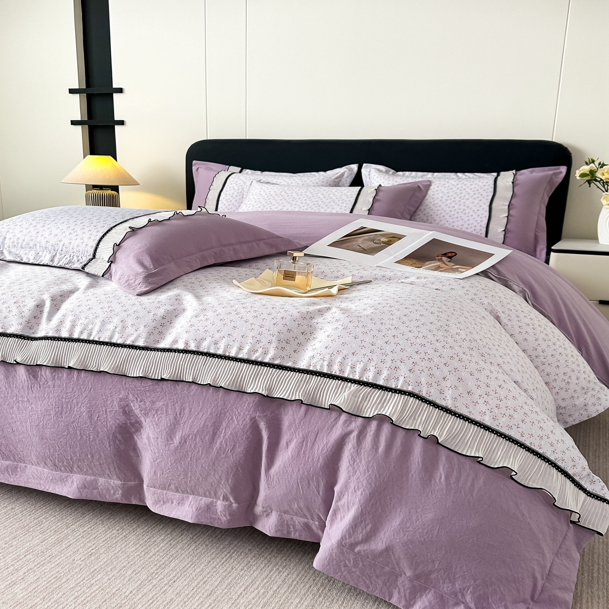 91家纺网 家纺一手货源 找家纺 （总）梓之赫 2025新款斜纹棉AB床裙雪纺花边四件套