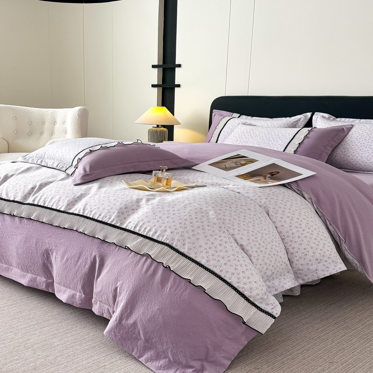 91家纺网 家纺一手货源 找家纺 （总）梓之赫 2025新款斜纹棉AB床裙雪纺花边四件套