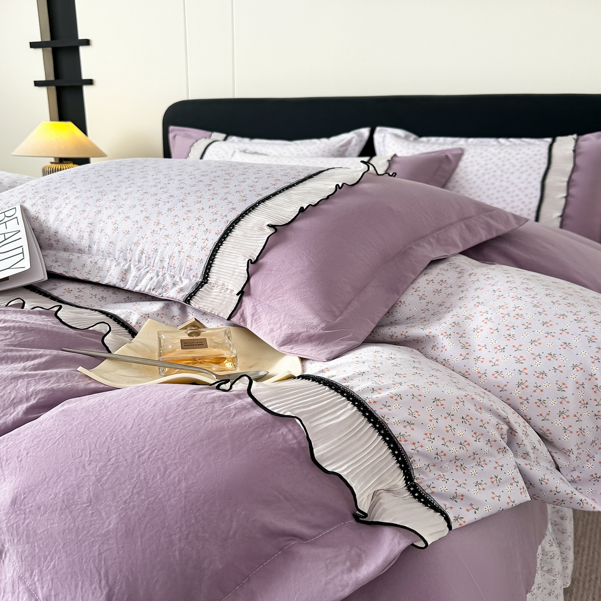 91家纺网 家纺一手货源 找家纺 （总）梓之赫 2025新款斜纹棉AB床裙雪纺花边四件套