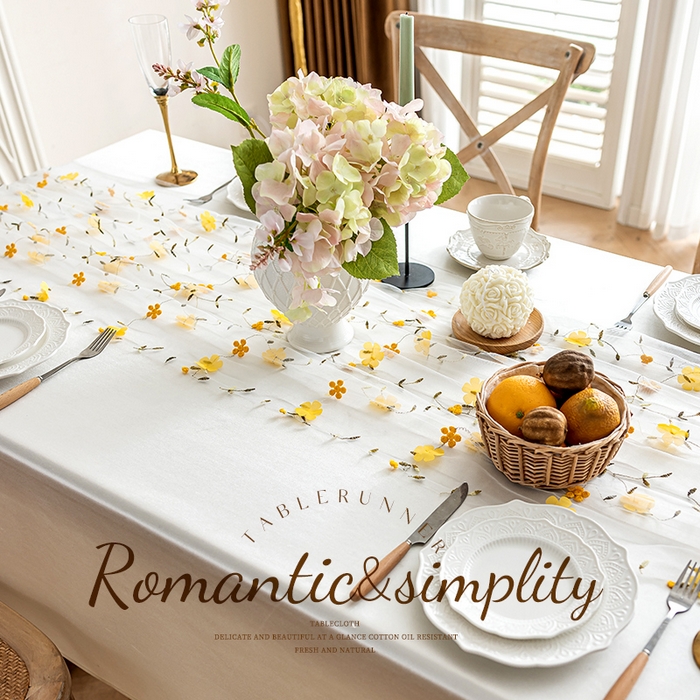 91家纺网 家纺一手货源 找家纺 南通大梧纺织 2025新款网纱绣花法式复古风小野花桌旗 丹桂-黄 定制宽70cm内50件/米