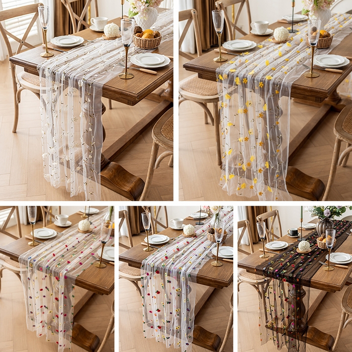 91家纺网 家纺一手货源 找家纺 南通大梧纺织 2025新款网纱绣花法式复古风小野花桌旗 小野花-黑纱 定制宽70cm内50件/米