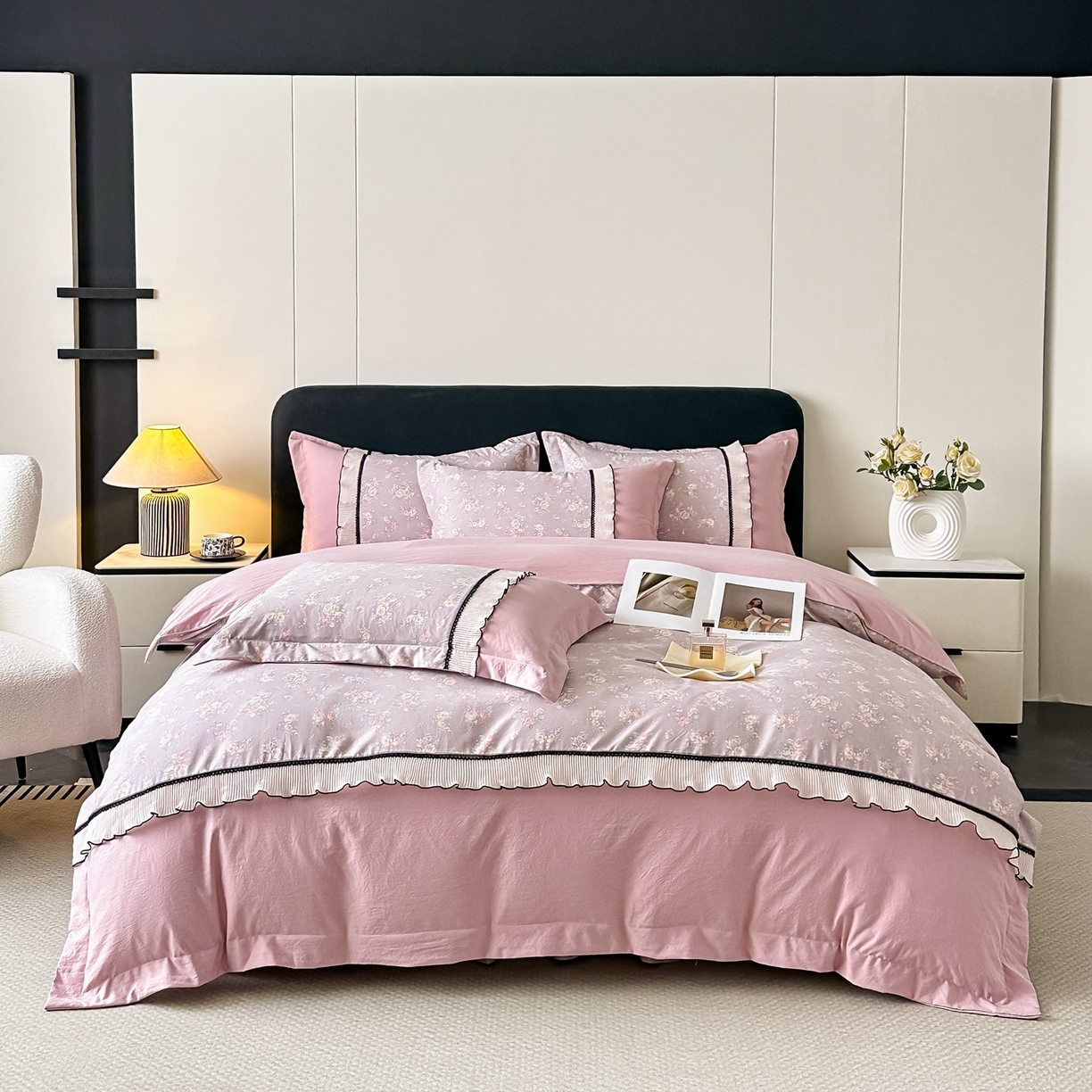 91家纺网 家纺一手货源 找家纺 （总）梓之赫 2025新款斜纹棉AB床裙雪纺花边四件套