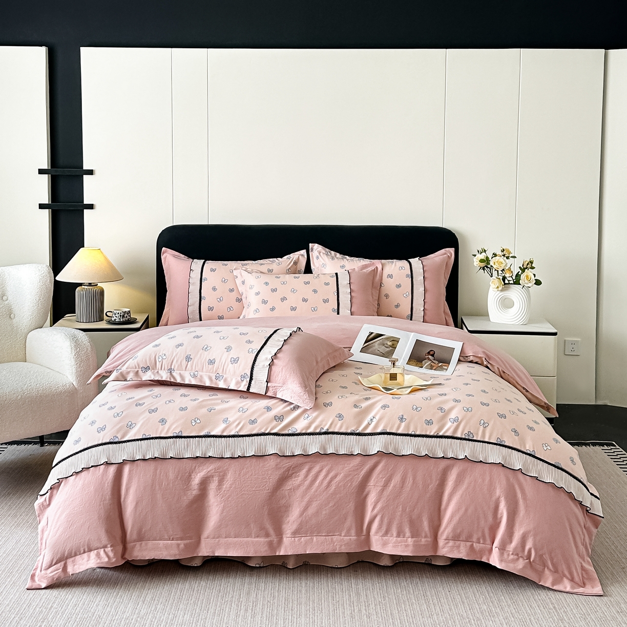 91家纺网 家纺一手货源 找家纺 （总）梓之赫 2025新款斜纹棉AB床裙雪纺花边四件套