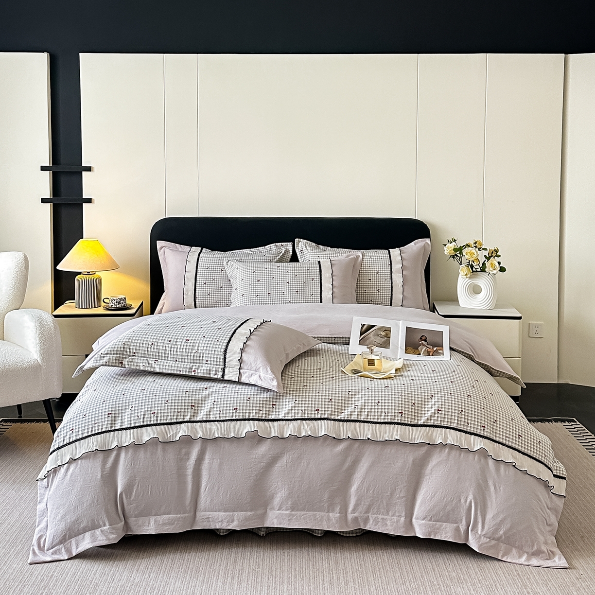 91家纺网 家纺一手货源 找家纺 （总）梓之赫 2025新款斜纹棉AB床裙雪纺花边四件套