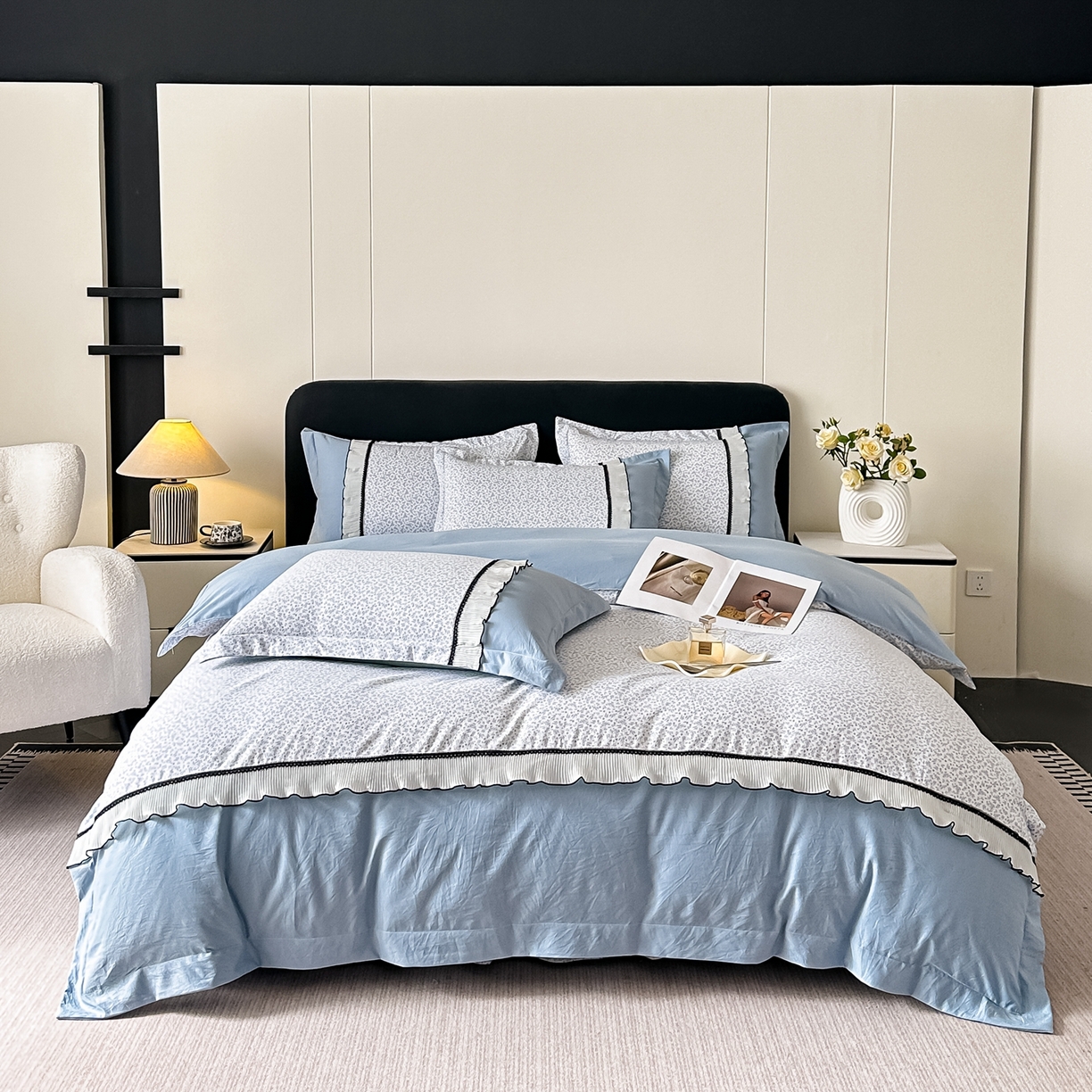 91家纺网 家纺一手货源 找家纺 （总）梓之赫 2025新款斜纹棉AB床裙雪纺花边四件套