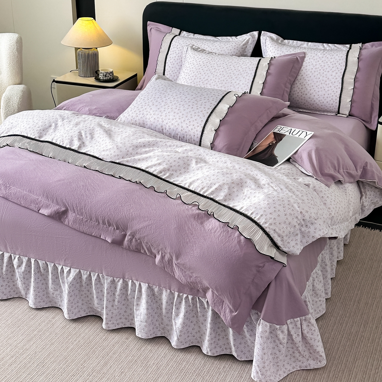 91家纺网 家纺一手货源 找家纺 梓之赫 2025新款斜纹棉AB床裙雪纺花边四件套 风信紫