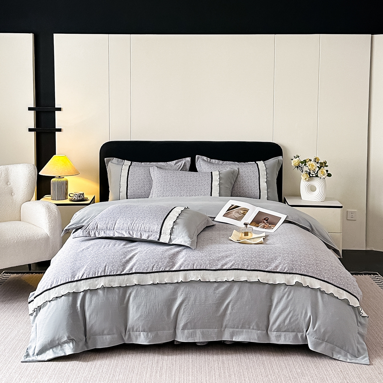 梓之赫 2025新款斜纹棉AB床裙雪纺花边四件套 高级灰