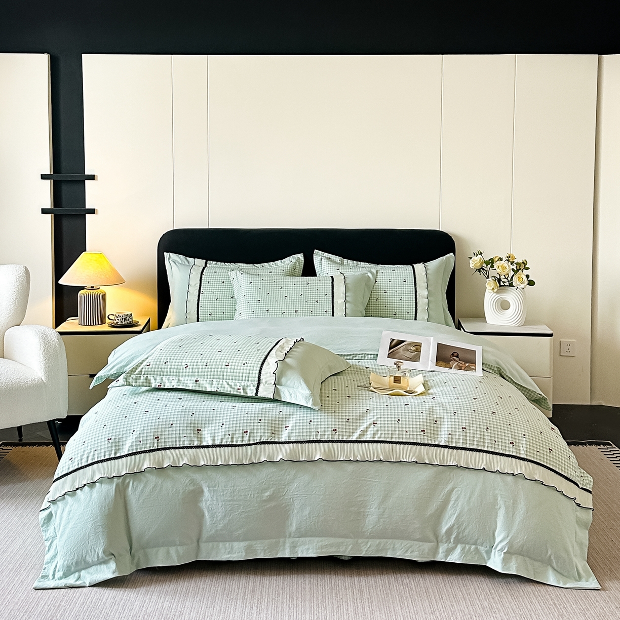 梓之赫 2025新款斜纹棉AB床裙雪纺花边四件套 静谧绿