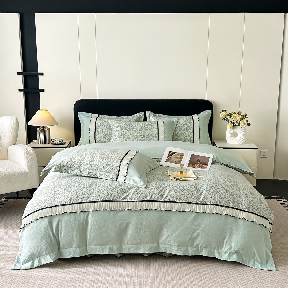 梓之赫 2025新款斜纹棉AB床裙雪纺花边四件套 清新绿