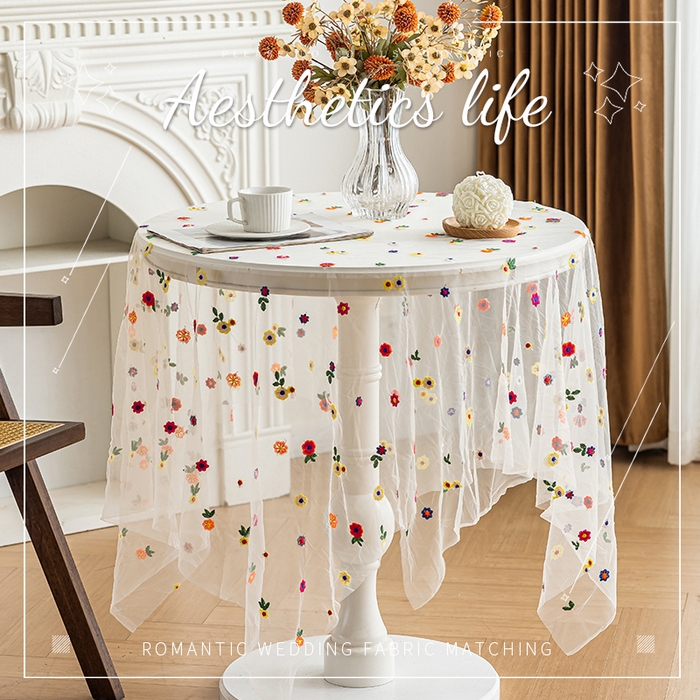 91家纺网 家纺一手货源 找家纺 南通大梧纺织 2025新款网纱绣花法式复古风小野花桌布 小野花-米纱