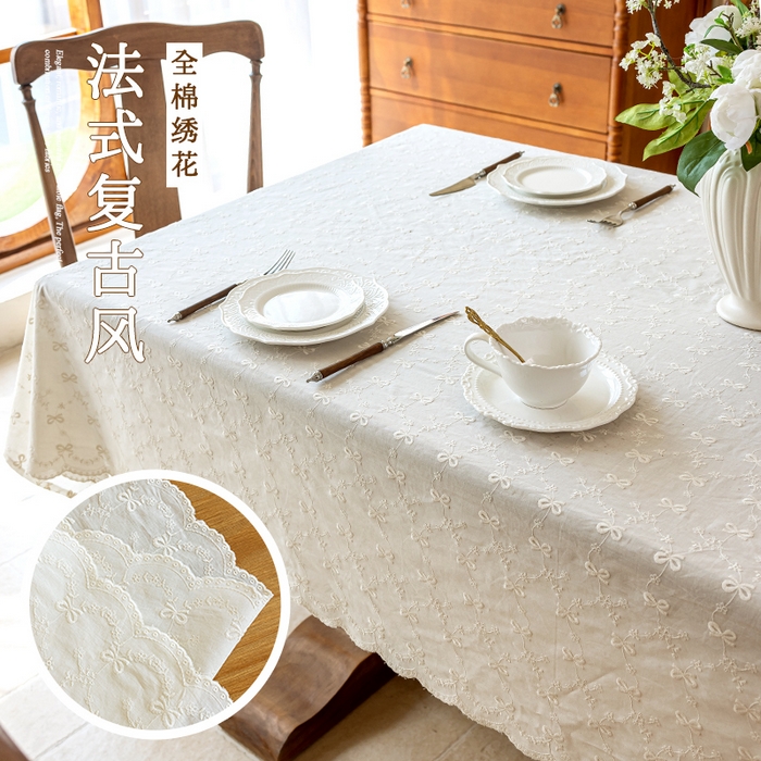 91家纺网 家纺一手货源 找家纺 南通大梧纺织 2025新款全棉纯棉绣花蝴蝶结桌布 蝴蝶结-方桌