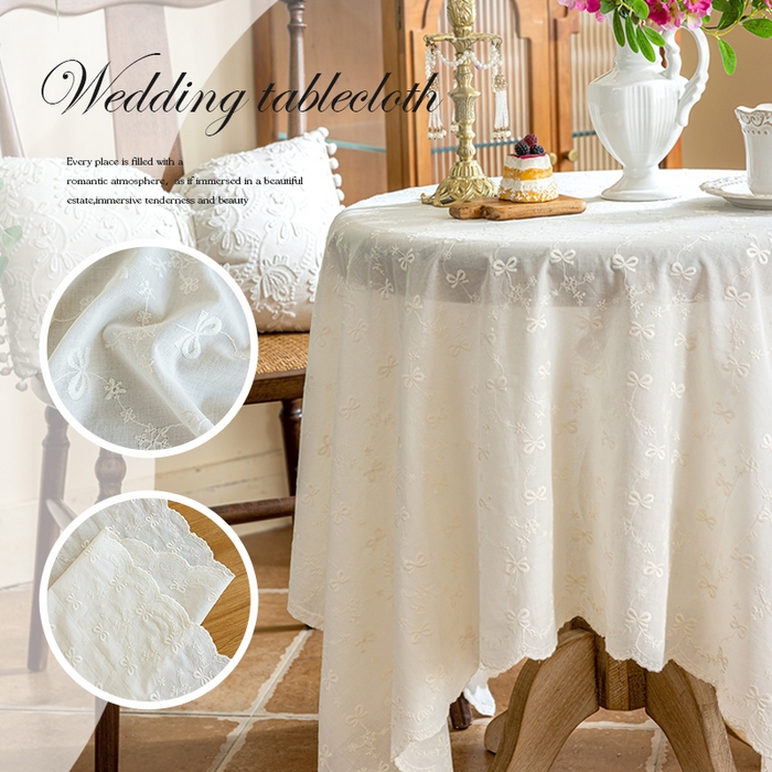 91家纺网 家纺一手货源 找家纺 南通大梧纺织 2025新款全棉纯棉绣花蝴蝶结桌布 蝴蝶结-圆桌