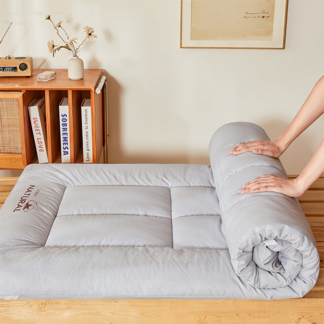 91家纺网 家纺一手货源 找家纺 （总）梵蒂莎 2025新款纯色烫画棉花床垫学生款场景二