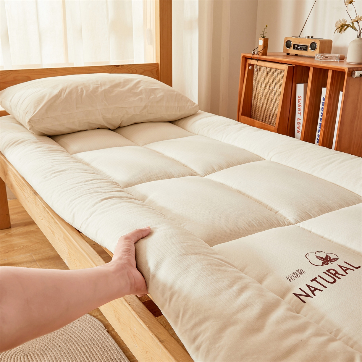 91家纺网 家纺一手货源 找家纺 梵蒂莎 2025新款纯色烫画棉花床垫学生款场景二 云朵白