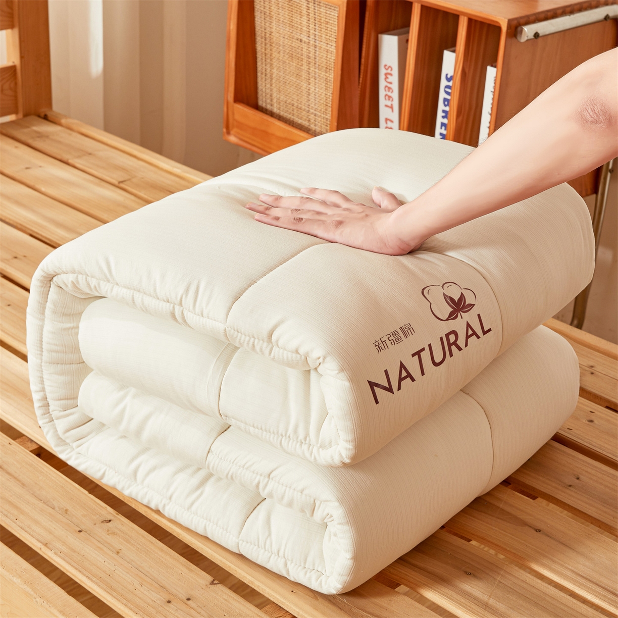 91家纺网 家纺一手货源 找家纺 梵蒂莎 2025新款纯色烫画棉花床垫学生款场景二 云朵白