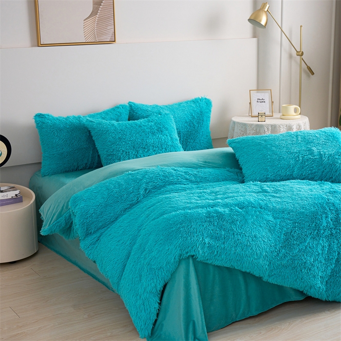91家纺网 家纺一手货源 找家纺 品尚嘉家纺2025新款纯色水貂绒四件套长毛绒保暖套件湖蓝
