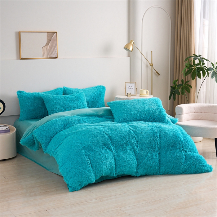 91家纺网 家纺一手货源 找家纺 品尚嘉家纺2025新款纯色水貂绒四件套长毛绒保暖套件湖蓝