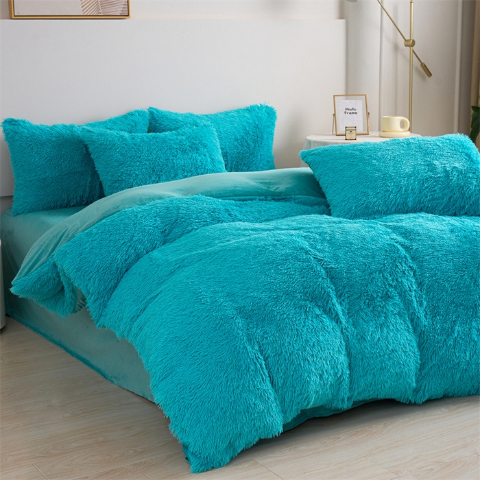 91家纺网 家纺一手货源 找家纺 品尚嘉家纺2025新款纯色水貂绒四件套长毛绒保暖套件湖蓝