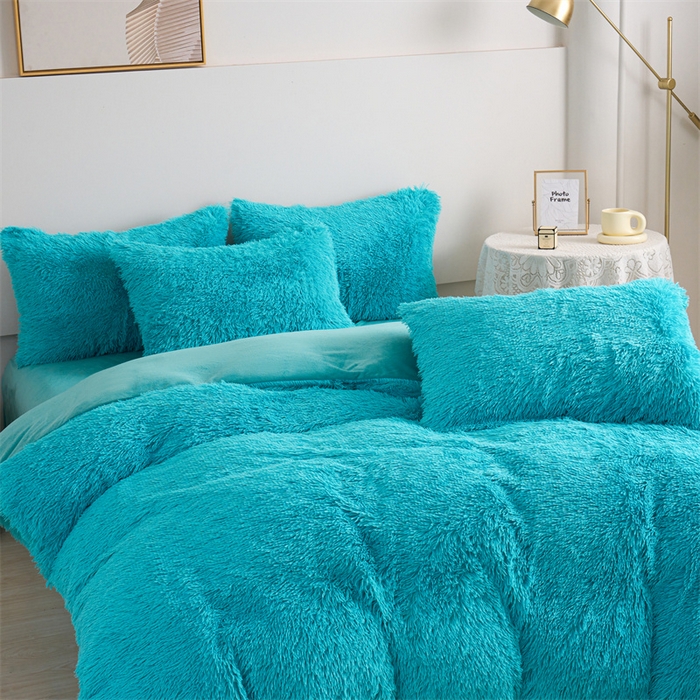 91家纺网 家纺一手货源 找家纺 品尚嘉家纺2025新款纯色水貂绒四件套长毛绒保暖套件湖蓝