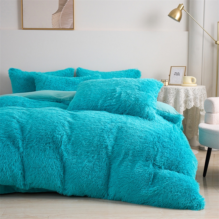 91家纺网 家纺一手货源 找家纺 品尚嘉家纺2025新款纯色水貂绒四件套长毛绒保暖套件湖蓝