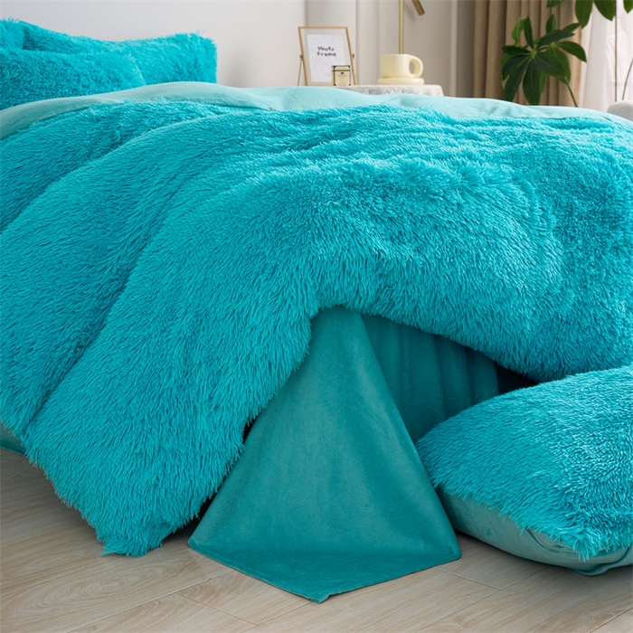 91家纺网 家纺一手货源 找家纺 品尚嘉家纺2025新款纯色水貂绒四件套长毛绒保暖套件湖蓝