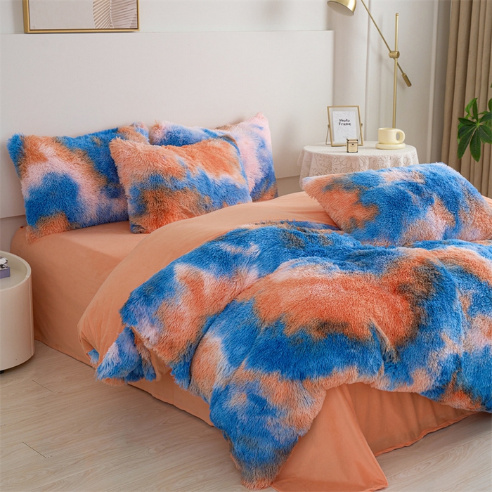 91家纺网 家纺一手货源 找家纺 品尚嘉家纺2025新款扎染水貂绒四件套长毛绒保暖套件日落