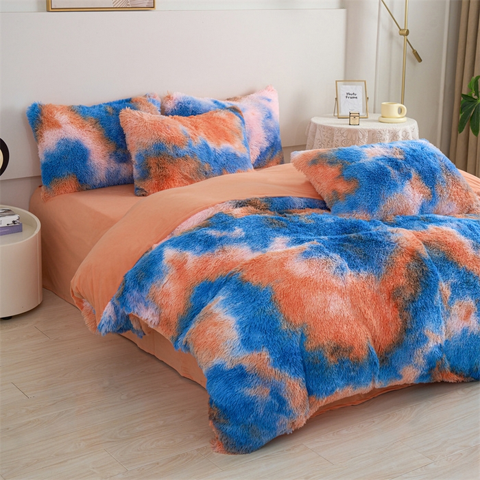 91家纺网 家纺一手货源 找家纺 品尚嘉家纺2025新款扎染水貂绒四件套长毛绒保暖套件日落