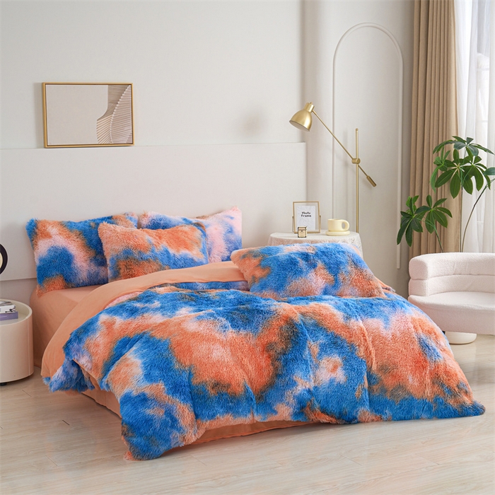 91家纺网 家纺一手货源 找家纺 品尚嘉家纺2025新款扎染水貂绒四件套长毛绒保暖套件日落