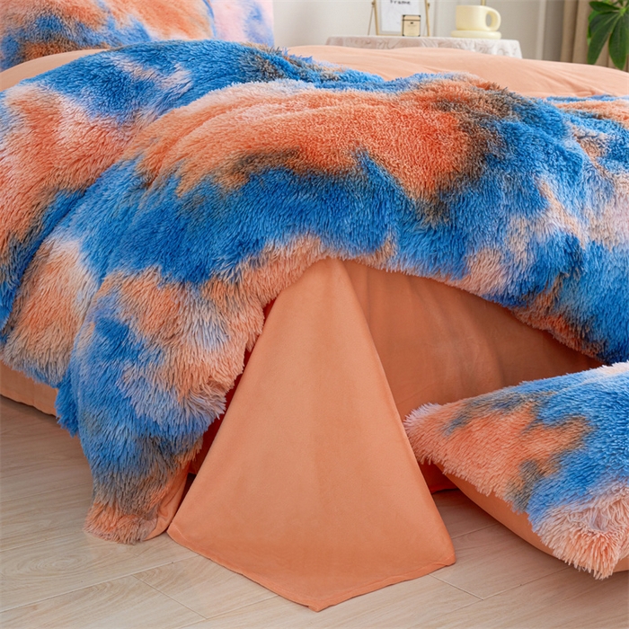 91家纺网 家纺一手货源 找家纺 品尚嘉家纺2025新款扎染水貂绒四件套长毛绒保暖套件日落