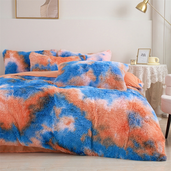 91家纺网 家纺一手货源 找家纺 品尚嘉家纺2025新款扎染水貂绒四件套长毛绒保暖套件日落