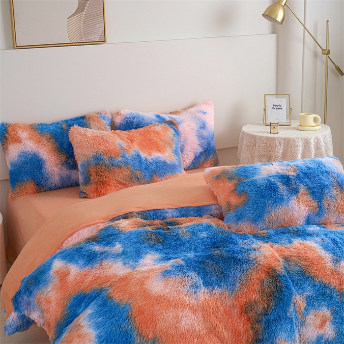 91家纺网 家纺一手货源 找家纺 品尚嘉家纺2025新款扎染水貂绒四件套长毛绒保暖套件日落