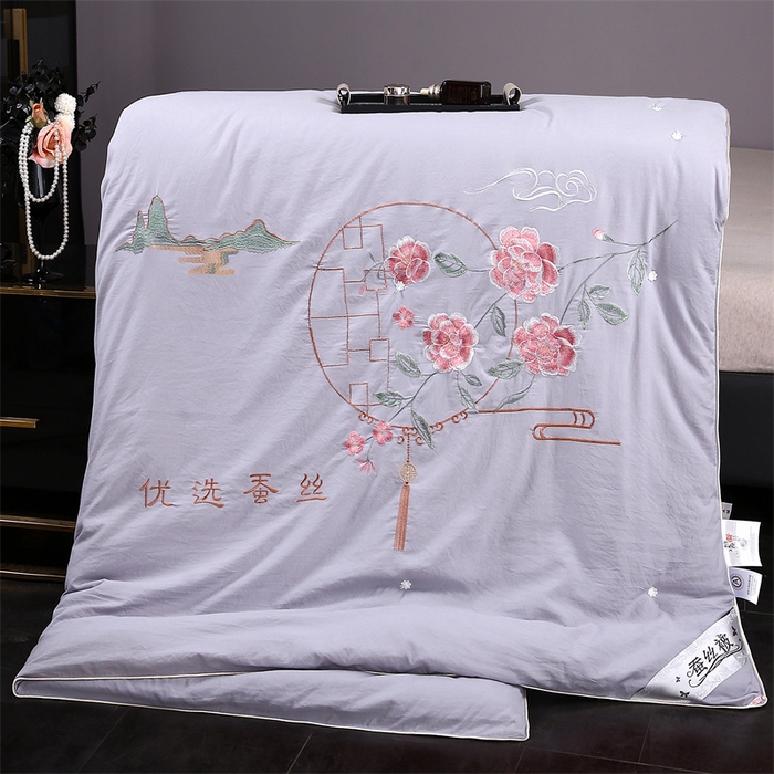江山被业 2025新款全棉重工刺绣手工订花蚕丝被婚庆被空调被夏被春秋被单人双人结婚被（有控价+100） 灰色