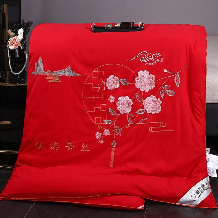 江山被业 2025新款全棉重工刺绣手工订花蚕丝被婚庆被空调被夏被春秋被单人双人结婚被（有控价+100） 大红