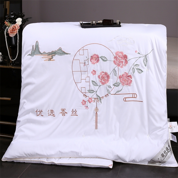 江山被业 2025新款全棉重工刺绣手工订花蚕丝被婚庆被空调被夏被春秋被单人双人结婚被（有控价+100） 白色