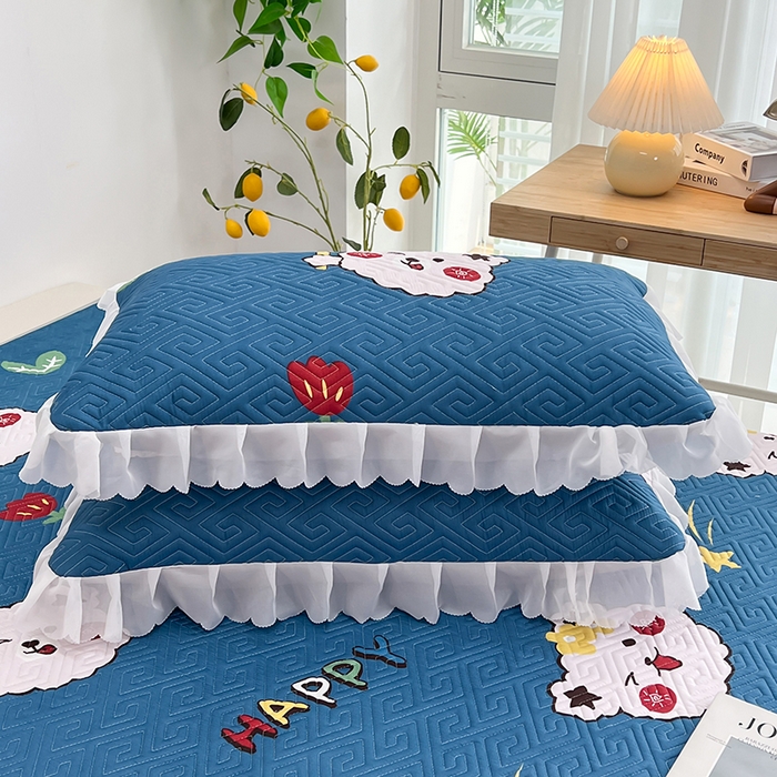 91家纺网 家纺一手货源 找家纺 梦舒羽2025新款夹棉花边双人枕套单人加厚短款枕芯套-单只装 笨蛋熊