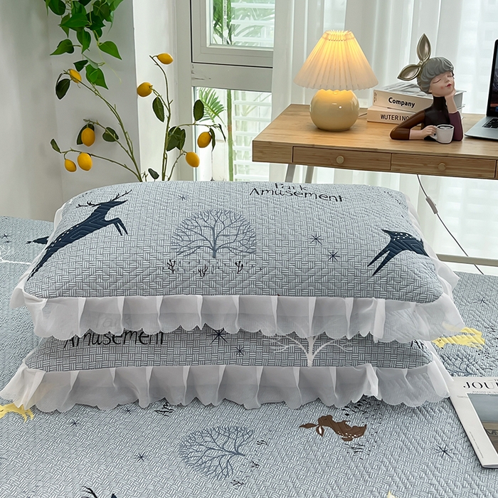 91家纺网 家纺一手货源 找家纺 梦舒羽2025新款夹棉花边双人枕套单人加厚短款枕芯套-单只装 草丛鹿