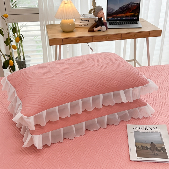 91家纺网 家纺一手货源 找家纺 梦舒羽2025新款夹棉花边双人枕套单人加厚短款枕芯套-单只装 豆沙