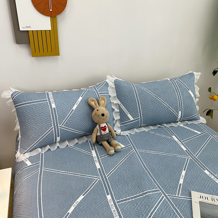 91家纺网 家纺一手货源 找家纺 梦舒羽2025新款夹棉花边双人枕套单人加厚短款枕芯套-单只装 格韵蓝