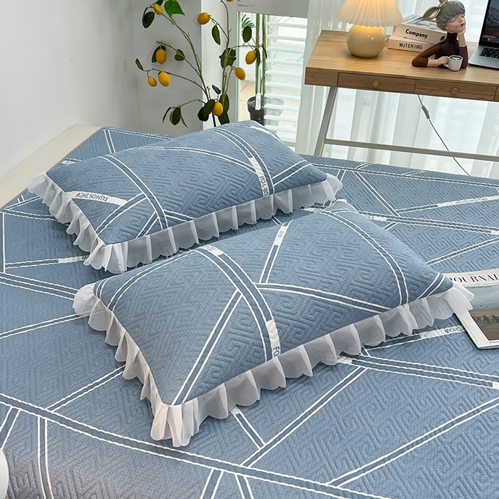 91家纺网 家纺一手货源 找家纺 梦舒羽2025新款夹棉花边双人枕套单人加厚短款枕芯套-单只装 格韵蓝