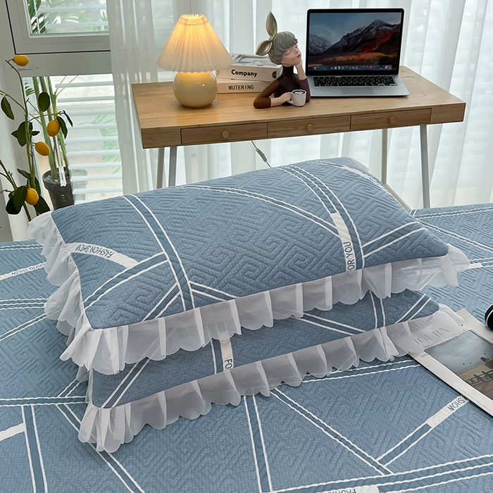 91家纺网 家纺一手货源 找家纺 梦舒羽2025新款夹棉花边双人枕套单人加厚短款枕芯套-单只装 格韵蓝