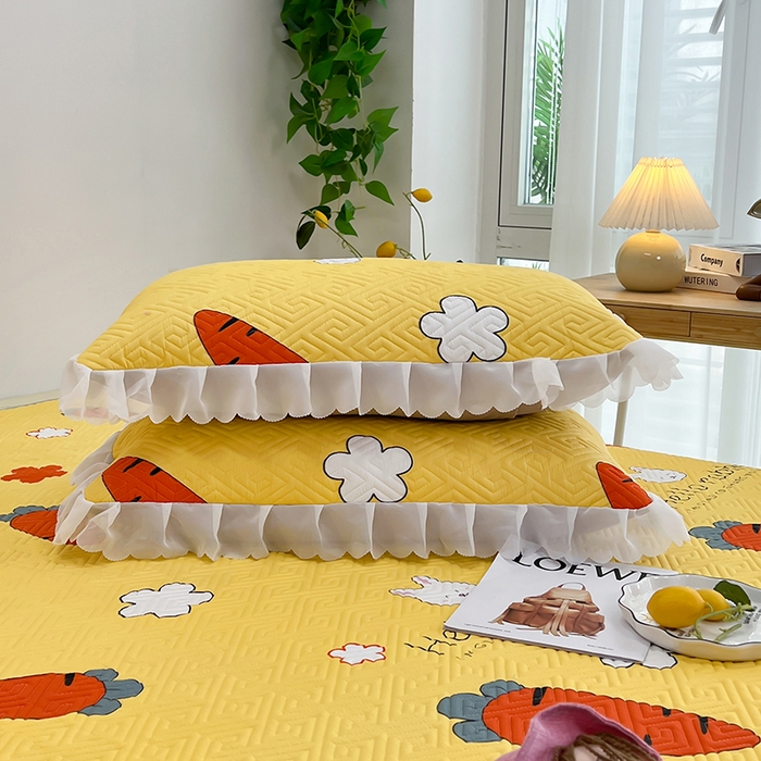 91家纺网 家纺一手货源 找家纺 梦舒羽2025新款夹棉花边双人枕套单人加厚短款枕芯套-单只装 萝卜黄