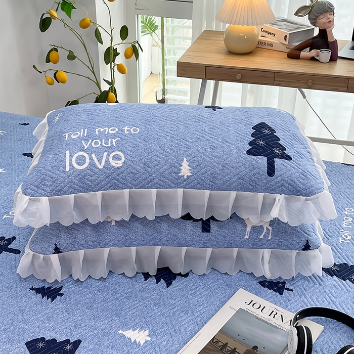 91家纺网 家纺一手货源 找家纺 梦舒羽2025新款夹棉花边双人枕套单人加厚短款枕芯套-单只装 麋鹿森林