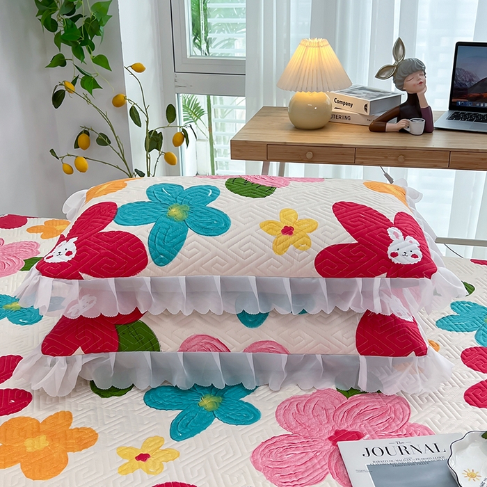 91家纺网 家纺一手货源 找家纺 梦舒羽2025新款夹棉花边双人枕套单人加厚短款枕芯套-单只装 南国春色